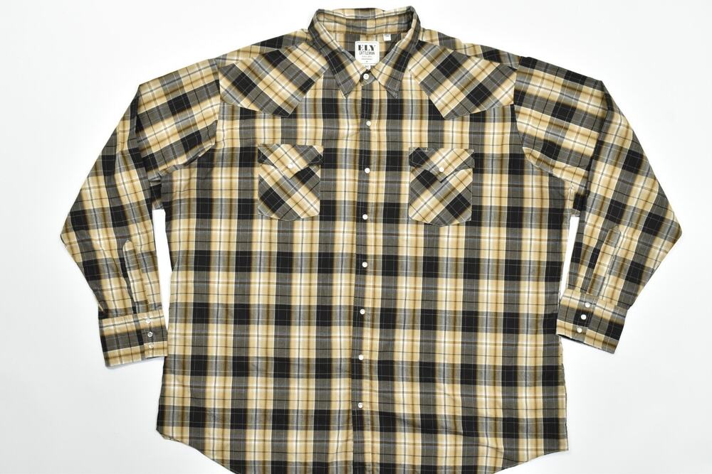 Ely Cattleman Men 3XLT Plaid Western Pearl Snap Long Sleeve Shirt Brown Tall